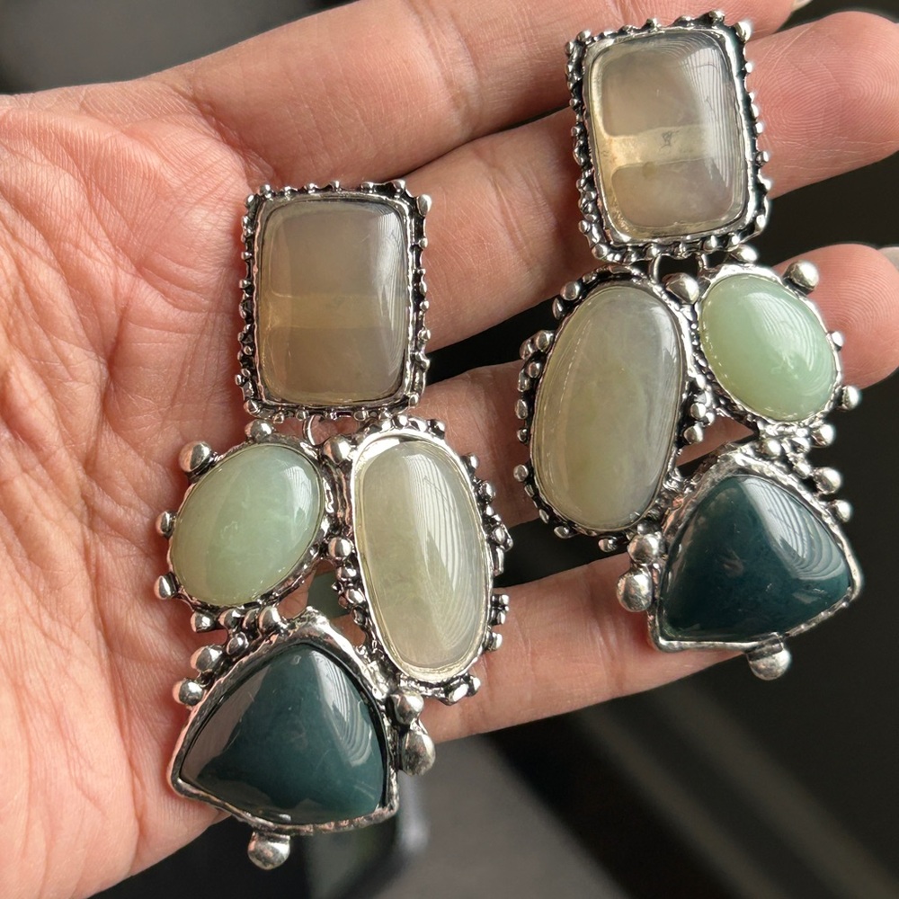 Handcrafted Multi-Stone Drop Earrings in Green and Cream